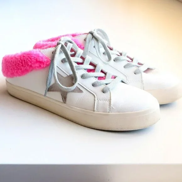 Steve Madden Polaris White Leather & Pink Sherpa Lace-up Star Sneakers Shoes 8 - Picture 15 of 16